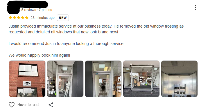 5-star Google review for frosting removal job